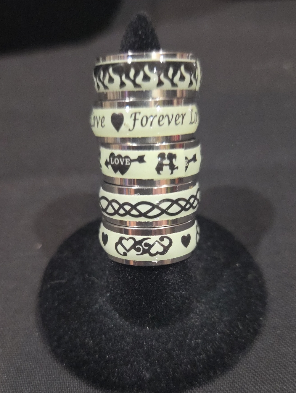 SET OF 5 RINGS - GLOW IN THE DARK - STAINLESS STEEL